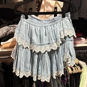 LoveShackFancy Skirt Light Blue Tiered Lace-Trim